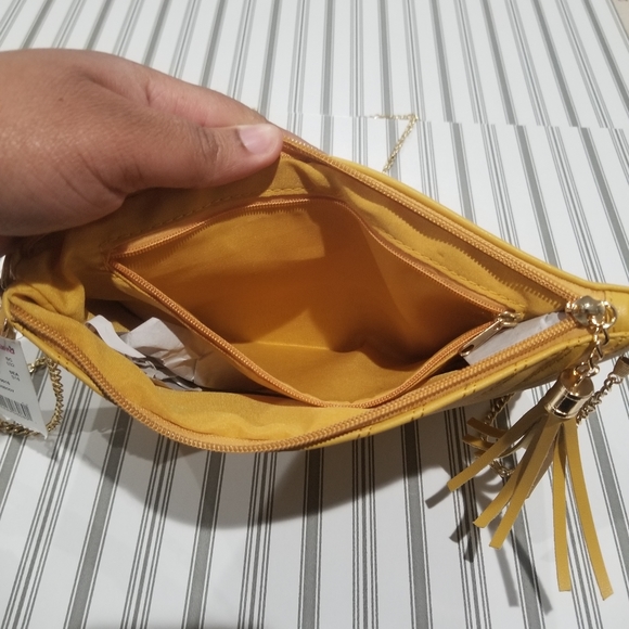 Dandelion Yellow Quilted Chevron Ribbed Crossbody Bag with Gold Chain & Tassel - Picture 9 of 16